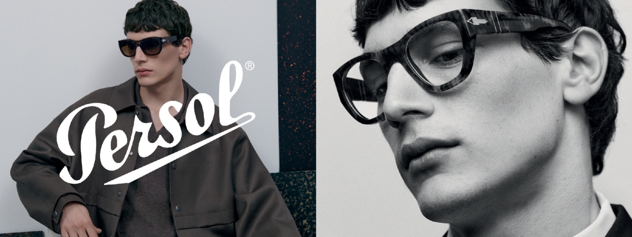 Persol: Ein Mann der auf der linken Bildseite mit Sonnenbrille, und auf der rechten Bildseite mit Brille abgebildet wurde